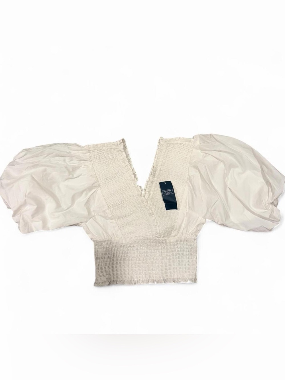 Abercrombie & Fitch Cream Smocked V-Neck Puff Sleeve Crop Top